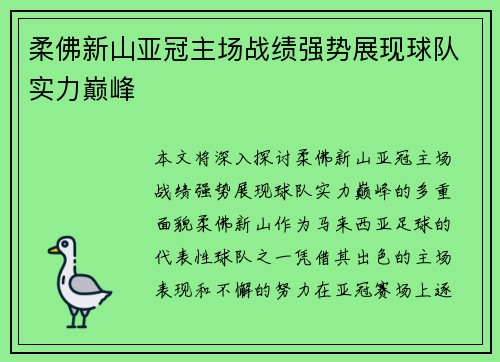 柔佛新山亚冠主场战绩强势展现球队实力巅峰