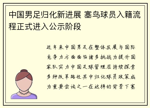 中国男足归化新进展 塞鸟球员入籍流程正式进入公示阶段